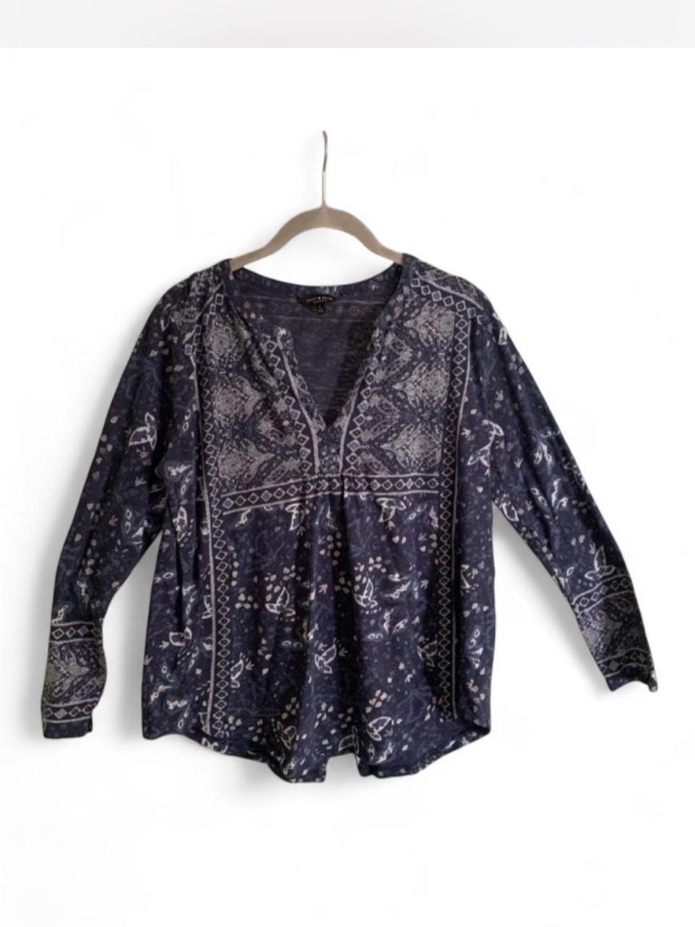 Lucky Brand Navy Paisley V-Neck Boho Blouse size L